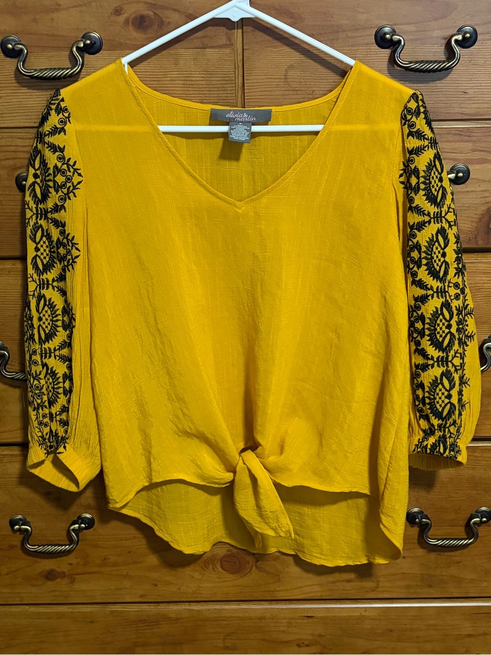 V-Neck Mustard Yellow Tie-Front Blouse with Black Embroidered Sleeves